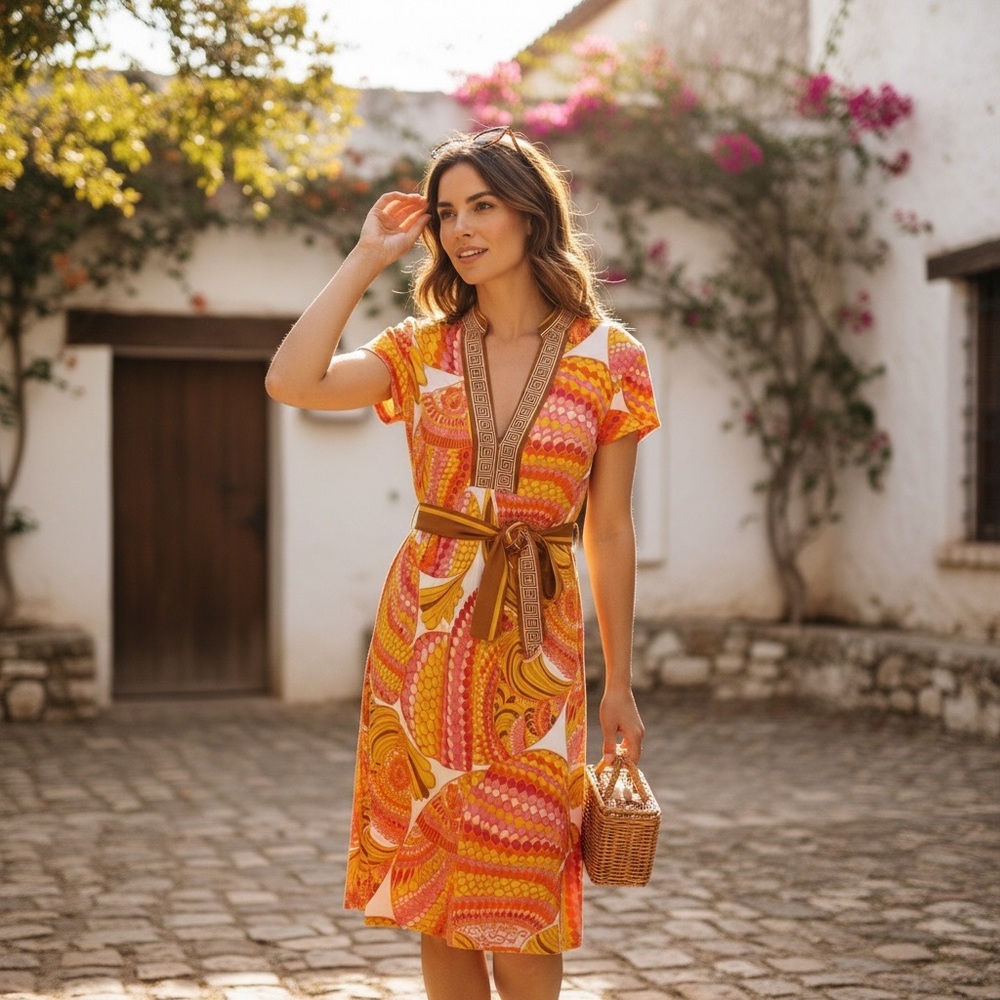 Trina Turk Los Angeles Psychedelic Print Belted Midi Dress Size 4